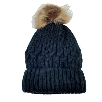 China New JOINT Winter Fleece Striping Ribbed Slapped Crochet Adult Knitted Hat Beanie Hats With Pom Pom for sale