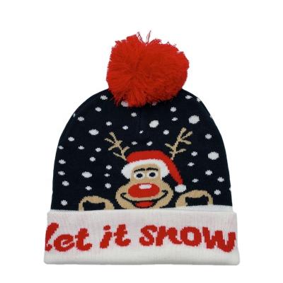 China Fashion COMMON Winter Gaffled Jacquard Christmas Reindeer Knitted Beanie Hats With Pom Pom For Adult for sale