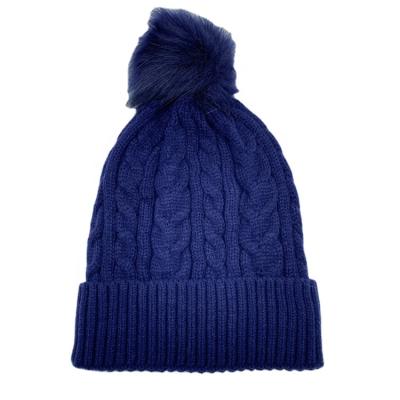 China Wholesale JOINT Navy Winter Fleece Striping Ribbed Cuffed Crochet Men Knitted Beanie Hats With Pom Pom for sale