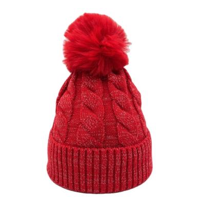 China COMMON Winter Crochet Red Shiny Metallic Slapped Ribbed Women Knitted Beanie Hats With Pom Pom for sale