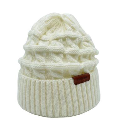 China COMMON Wholesale Winter Crochet Warm White Slapped Ribbed Adult Knitted Cap Beanie Hats With Patch For Men for sale