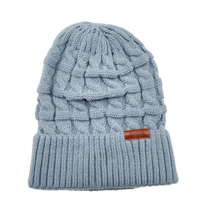 China COMMON fashion winter warm gray slapped crochet ribbed adult knitted beanie cap hats with patch for men for sale