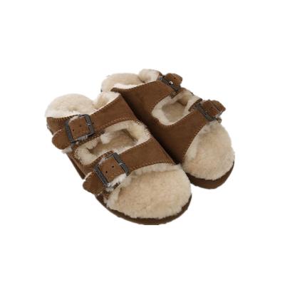 China Fashion trend genuine leather men and women cashmere plush sandals shearling slide unisex slippers for sale