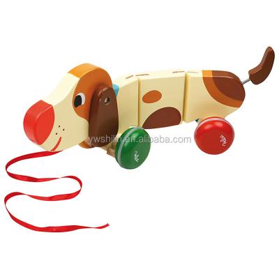 China new design 100%handmade FSC natural wooden dog pull toy for kids,wooden dog pull string toys SL-WET015 for sale