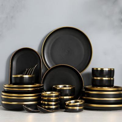 China Cheap Luxury 58PCS Black Ceramic Dinnerware Set Viable Porcelain Dish Plates Western Dinnerware Sets Dinnerware Sets for sale