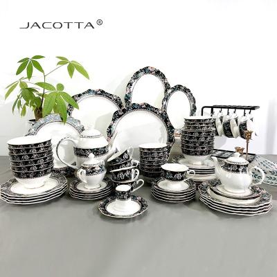 China Wholesale Custom Viable Nordic Black Dish Dish Flower Restaurant Dinnerware Sets Restaurant Porcelain Ceramic Dinner Sets for sale