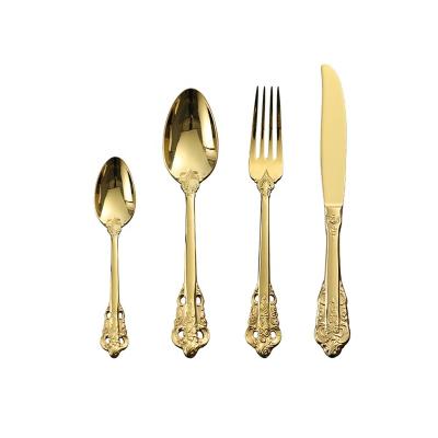 China Sustainable Wholesale luxury stainless steel wedding dinnerware cutlery set knife fork and spoon matte gold plated cutlery set for sale