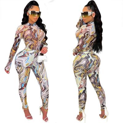 China QUICK DRY Floral Women Net Yarn Overalls Quilting Long Sleeve Crew Neck Plus Lady Wide Casual Long Leg Pants Jumpsuits For Women for sale