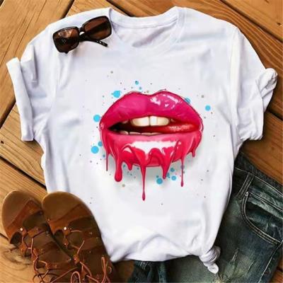 China Anti-wrinkle 2021 Short Red Shirt Pattern Creativity Printing Lip Temptation Fashion T-shirt Women's Quick-Dry Sleeve Shirts Top Clothes for sale