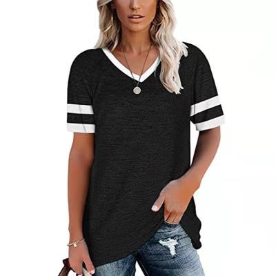 China Anti-Wrinkle 2021 Women's Stripe Style Women's Shirts Summer Street Retro V-Neckline Casual Loose Short Sleeve Top T-shirt for sale