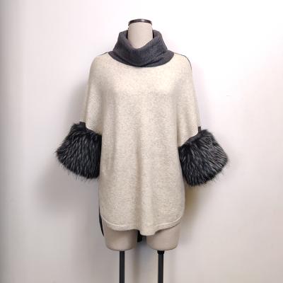 China New Arrival Women's Anti-Wrinkle 70% Spandex 28% Acrylic Nylon Winter Luxury Fox Fur Trim Knitted Poncho Sweater For Ladies for sale