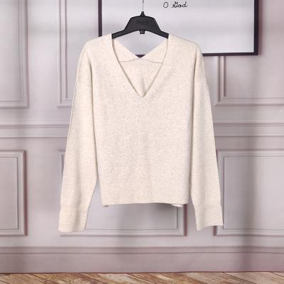 China Anti-Wrinkle Over 40 Years Factory Sweater Women V-neck 70% Cotton 30% Polyester Women Sweaters Beige Pullover Sweaters for sale