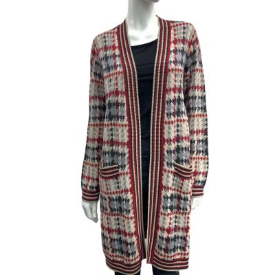 China Anti-wrinkle plaid jacquard knit long cardigan wholesale high quality jacquard pattern custom knit sweater for ladies/women/girl for sale