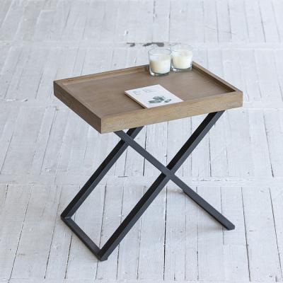 China Retro Style Adjustable Industrial Spirit Rectangular End Table (Other) Side Table with Black Metal Legs Crossed Visible Wood Grain for sale