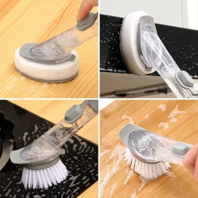 China Sustainable Customized Long Handle Dish Brush with Soap Dispenser and Palm Dish Cleaning Brush with Replacement Sponge Heads for sale