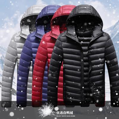 China Front Zipper Up Packable Insulated Breathable Duck Hooded Down Jacket For Men Winter 90% White Quilted Down Coat for sale