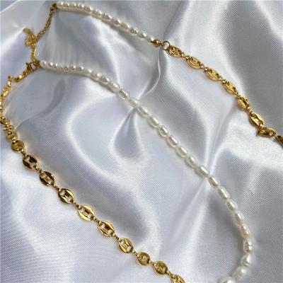 China Lead Free Nickel Free Jewelry 18K Gold Plated Real Natural Pearl Hog Nose Choker Necklace Stainless Steel High End Polishing Jewelry for sale