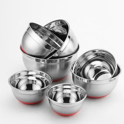 China Sustainable Bakeware Kitchen Fruit Vegetable Salad Bowl Stainless Steel 5-Piece Nesting Multifunctional Bowl With Silicone Bottom for sale