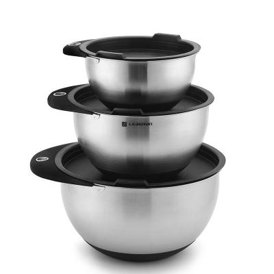 China Durable Stainless Steel Nesting Bowls With Pour Spout Hanging Dishwasher Safe Cooking Baking Saving Bottoms Silicone Non-Slip Handle for sale