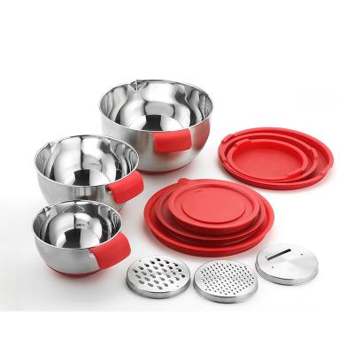 China Bakeware Sustainable Nesting 3 Grater Attachments Lids Airtight Bowls Pour To Spout Stainless Steel Mixing Bowls Sets With Non-Skid Bottom for sale