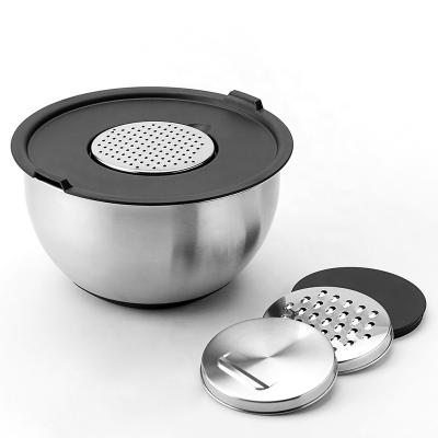 China Dishwasher Safe Kitchen Storage Deep Bowl With Grater Meal Prep Cooking Stainless Steel Serving Mixing Bowls Set for sale