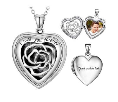 China Environmentally Friendly Silver Rose Pattern Hollow Heart Pendant Vintage Jewelry 925 Vintage Jewelry Memorial Photo Lettering Necklace for sale