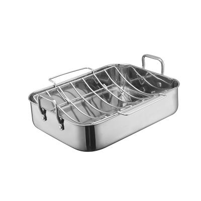 China Classic 3pcs Stainless Steel Chicken Turkey Roasting Lasagna Pan with Baking Rack and V-Rack for Roasting Pan with Handles for sale