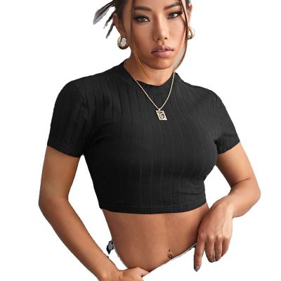 China Wholesale Black 2022 Summer Custom Women's Anti-Wrinkle Short T-shirt Rib-knit Solid Shape Fitted Crop Tee for sale