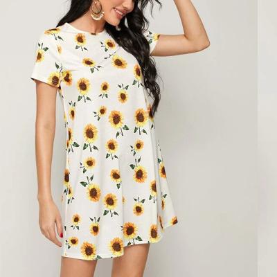 China Wholesale Custom Polyester Anti-Wrinkle T Shirts Ready Lady Sunflower Print Tee Dress for sale