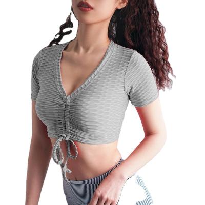 China Wholesale Breathable Jacquard Bubble Drawstring Shorts Sheaths Deep Collar Solid Color Women Fitness Yoga Tops for sale