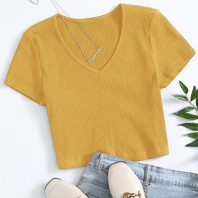 China 2021 Anti-Static V-Neck Sleeve Tee Autumn New All-match Basic Women's Short Sweater for sale