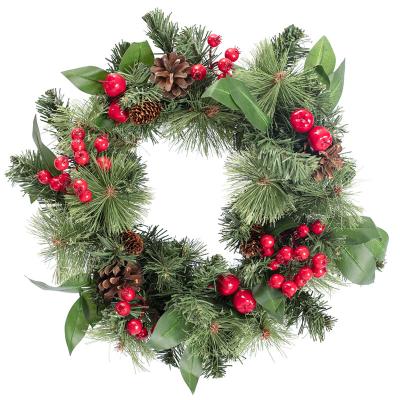 China Amazon Hot Sale Plastic Christmas Wreath Decorations Christmas Wreath with Red Berries and Pine Cones for Christmas Decoration for sale