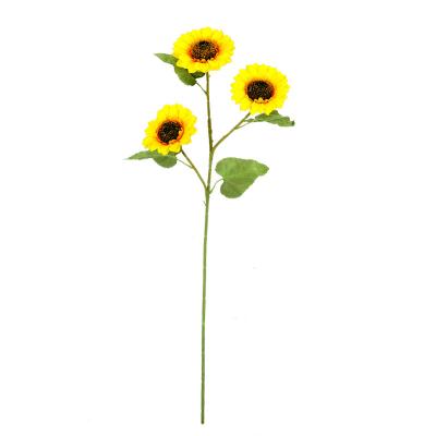 China Wholesale Plastic Artificial Fake Flower Sunflower Silk Simple Three Head Bouquet For Hotel Flower Arrangement Home Decoration for sale