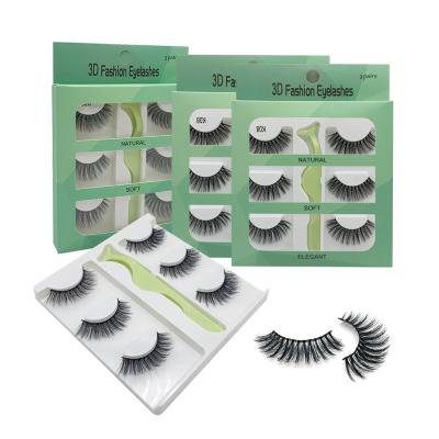 China Custom Long Lashes 3D Natural Silk Green Lash Packaging 3 Pairs Natural Faux Mink Eyelashes With Tweezers Wholesale for sale