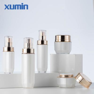 China Recyclable Luxury White Color Cosmetic Quality Skin Care Cosmetic Packaging Set Include Acrylic PS Bottle Lotion Bottle and PS Jar for sale