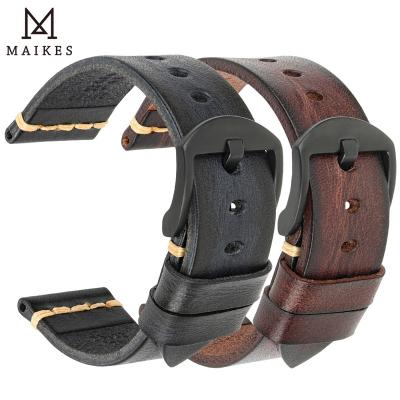 China Retro Luxury Genuine Leather Black Leather Handmade Brown Cow Leather Watch Bands Strap 20mm 22mm 24mm Smart Watch Strap Belt for sale