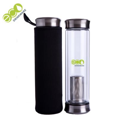 China Eco - Friendly Double Wall Glass Infuser Bottle With Leather Feeling Lid for sale