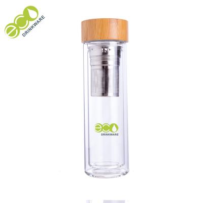 China Factory direct sale high quality double wall glass water bottle with bamboo lid for sale