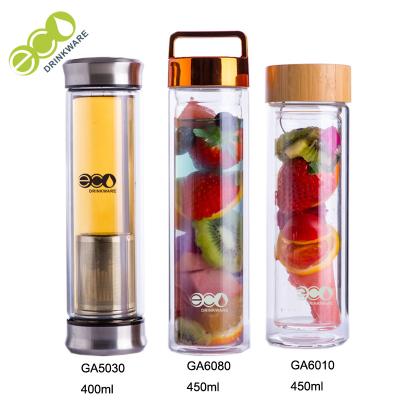 China Eco friendly 450ml double wall glass infuser drinking bottle with bamboo lid for sale