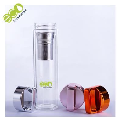 China Large Double Wall Glass Water Bottle with Tea Filter and Colorful Handle Lid for sale