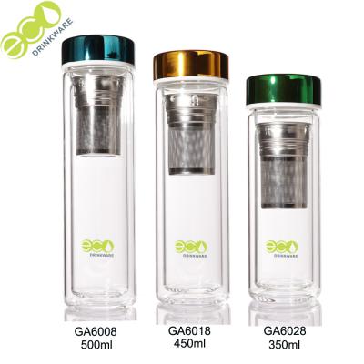 China 500ml Eco - Friendly Bamboo Drink Bottle Thermo Double Walled Glass Tea Infuser Water Bottle for sale