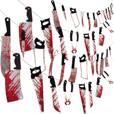 China Horror Initial Pull String Knife Blood Halloween Holiday Flower Room Atmosphere Decoration Hanging Bar KTV Haunted Outdoor Funny Banner for sale