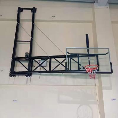 China Fiberglass Folding Basketball Backboard Rack Electric Manual Ceiling Mounted Hanging Basketball Hoop For Sale for sale