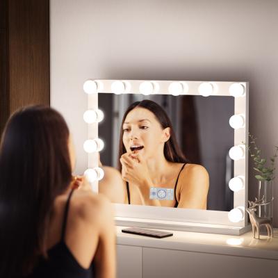 China Hot Sale 14 Bulbs Large Hollywood Style Lighted Vanity Mirror With LCD Screen Dimmer Function for sale