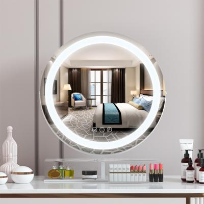 China Lighted Beauty Salon Magnifying Light Led Hollywood Round Strip Vanity Mirror With Organizer for sale