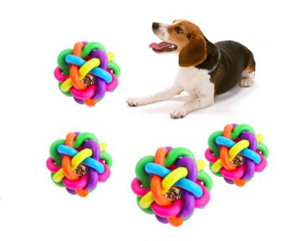 China Viable Hot Selling Colorful Rubber Ball With Brass Bell Inside Dog Toys Rubber Braided Ball Pet Toys for sale