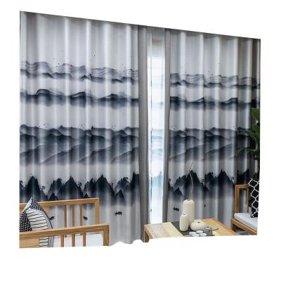 China New blackout Chinese style landscape printed curtains patchwork curtain linen fabric for living room for sale