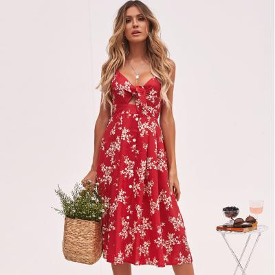 China Summer Breathable Wholesale Tie Dresses Women V Neck Front Spaghetti Tie Button Down Swing Midi Line Backless Dress for sale