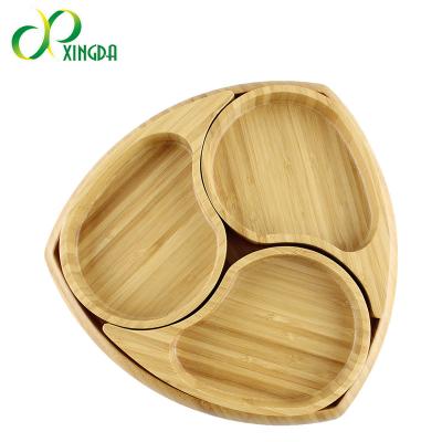 China 3 Compartment Triangle Bamboo Dish Sustainable Divided Bamboo Nut Tray for sale