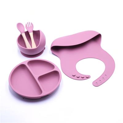 China Minimalist Food Grade Silicone Baby Bib Bowl Dish Fork Spoon Set Organic Baby Dish Set for sale